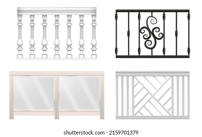 Realistic Detailed 3d Different Fence Rail Set Include of White Balustrade, Metal Fencing Railing. Vector illustration