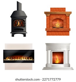 Realistic Detailed 3d Different Fireplaces and Hearths with Firewood Flames Set. Vector illustration of Fireplace and Hearth