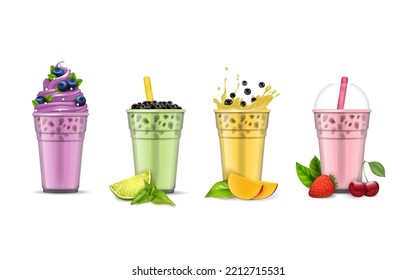 Realistic Detailed 3d Different Fruit Bubble Milk Tea Set with Mango, Lime and Strawberry. Vector illustration of Boba Drink