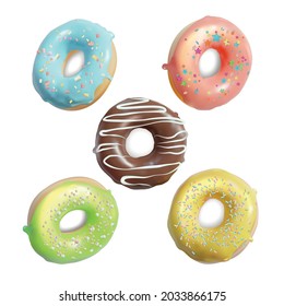 Realistic Detailed 3d Different Glazed Colored Donuts Set Cafeteria or Coffee Shop Food, Snack. Vector illustration of Donut