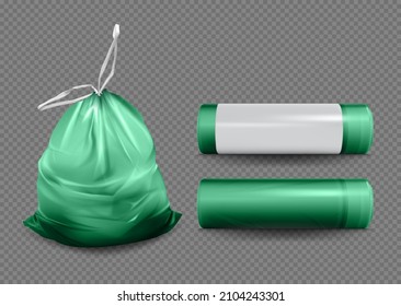 Realistic Detailed 3d Different Green Plastic Trash Bag Set for Garbage and Rubbish. Vector illustration of Polyethylene Trashbag