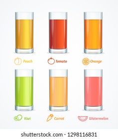 Realistic Detailed 3d Different Juice Glass Set with Thin Line Icons Include of Peach, Tomato and Orange. Vector illustration