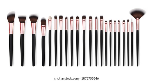 Realistic Detailed 3d Different Makeup Brush Set for Eyeshadow, Blush and Concealer. Vector illustration of Professional Cosmetic Brushes