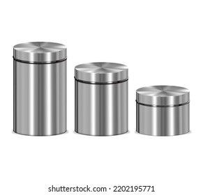 Realistic Detailed 3d Different Metal Tin Can Set Isolated on a White Background Template Container for Dry Products. Vector illustration