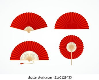 Realistic Detailed 3d Different Red Asian Hand Fans Set Traditional Souvenir. Vector illustration of Folding Fan
