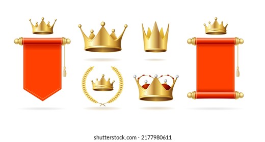 Realistic Detailed 3d Different Royal Signs Set Include of Gold King Crown and Medieval, Flag . Vector illustration