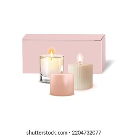 Realistic Detailed 3d Different Scented Wax Candle in Glass Jar and Box Isolated on a White Background. Vector illustration