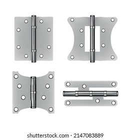 Realistic Detailed 3d Different Shapes Steel Door Hinges Set. Vector illustration of Metallic Mortise Equipment Hinge