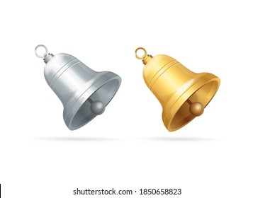 Realistic Detailed 3d Different Shiny Metal Bell Set Symbol of Decoration Christmas Holiday. Vector illustration of Golden and Silver Bells