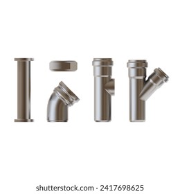 Realistic Detailed 3d Different Steel Metallic Pipes Set Valve and Parts Plumbing . Vector illustration of Elements Sewer and Adapters Bathroom
