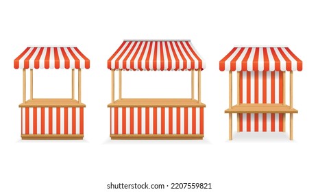 Realistic Detailed 3d Different Street Food Market with Striped Awning Set Isolated on a White Background. Vector illustration