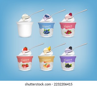 Realistic Detailed 3d Different Taste Yogurt Packaging Container with Spoon Set Include of Blueberry, Raspberry, Strawberry, Peach and Blackberry . Vector illustration of Yoghurt