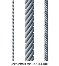 Realistic Detailed 3d Different Twisted Steel Rope Set. Vector Illustration Of Thick And Thin Metal Hawser Or Cable