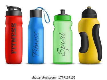 Realistic Detailed 3d Different Type Fitness Running Sport Water Bottles Set. Vector illustration of Plastic Bottle