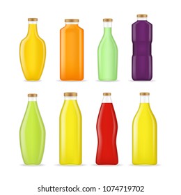 Realistic Detailed 3d Different Types Organic Vitamin Juice Drink Bottle Glass Set. Vector illustration of Beverage Container
