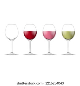 Realistic Detailed 3d Different Types Wine Glass Set on a Transparent Background Empty and Full Wineglass. Vector illustration of Wineglasses