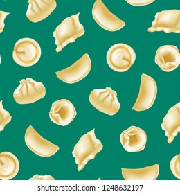 Realistic Detailed 3d Different Types Dumplings Seamless Pattern Background on a White Delicious Meat Food for Menu. Vector illustration of Dumpling or Pelmeni