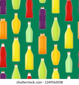 Realistic Detailed 3d Different Types Organic Vitamin Juice Drink Bottle Glass Seamless Pattern Background. Vector illustration of Beverage Container