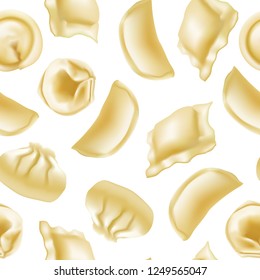 Realistic Detailed 3d Different Types Dumplings Seamless Pattern Background Delicious Meat Food for Menu. Vector illustration of Dumpling or Pelmeni