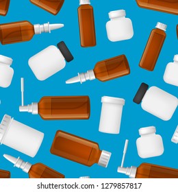 Realistic Detailed 3d Different Types Medical Bottle Glass Seamless Pattern Background Pharmacy Container and Cap for Drug. Vector illustration