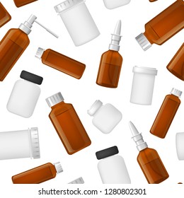 Realistic Detailed 3d Different Types Medical Bottle Glass Seamless Pattern Background on a White Pharmacy Container and Cap for Drug. Vector illustration