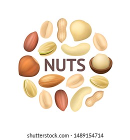 Realistic Detailed 3d Different Types Nuts Round Design Template Ad Include of Peanut, Hazelnut, Almond, Cashew and Pistachio. Vector illustration