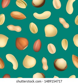 Realistic Detailed 3d Different Types Nuts Seamless Pattern Background Include of Peanut, Hazelnut, Almond, Cashew and Pistachio. Vector illustration