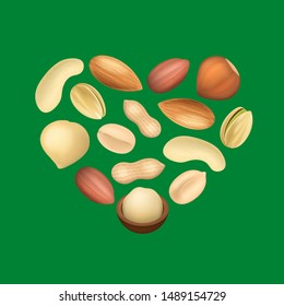 Realistic Detailed 3d Different Types Nuts Heart Shape Design Template Include of Peanut, Hazelnut, Almond, Cashew and Pistachio. Vector illustration