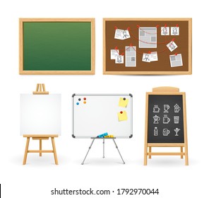Realistische 3D-Karten verschiedener Typen, die in Whiteboard und Chalk Blackboard enthalten sind. Vektorgrafik des Board