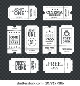 Realistic Detailed 3d Different Types Mockup Tickets Set to Access Cinema or Free Drink Coupon on a Transparent Background. Vector illustration