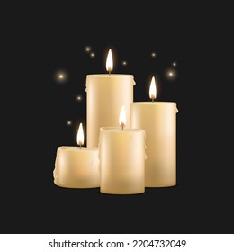 Realistic Detailed 3d Different Wax Candle Set for Spa, Therapy, Relax on a Black Background. Vector illustration