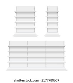 Realistic Detailed 3d Different White Blank Store Shelves Mockup Empty Set for Supermarket and Retail Shop. Vector illustration
