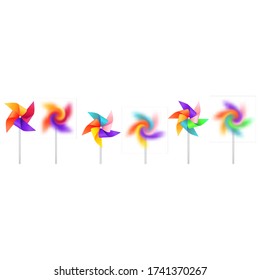 Conjunto de juguetes 3d de molino de viento realistas y detallados aislados en un fondo blanco. Ilustración vectorial de la rotación de la rueda de rueda del volante o del molino de viento