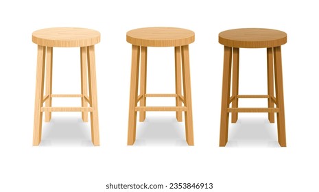 Realistic Detailed 3d Different Wooden Bar Chair Circle Shape Seat Set for Kitchen, Bistro and Cafe. Vector illustration of Bar Chairs