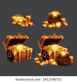 Realistic Detailed 3d Different Wooden Chest Set Game Interface Concept. Vector illustration of Old Chests with Gold Coins