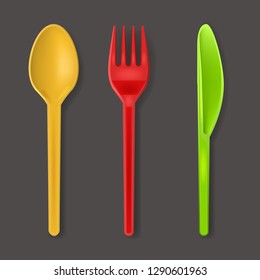 Realistic Detailed 3d Disposable Color Plastic Cutlery Set Include of Spoon, Knife and Fork for Picnic. Vector illustration