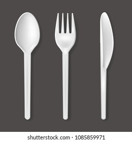 Realistic Detailed 3d Disposable White Plastic Cutlery Set Include of Spoon, Knife and Fork for Picnic. Vector illustration