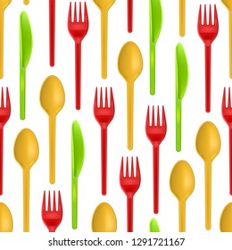 Realistic Detailed 3d Disposable White Plastic Cutlery Seamless Pattern Background on a White Include of Spoon, Knife and Fork for Picnic. Vector illustration