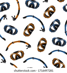 Realistic Detailed 3d Diving Mask and Snorkel Seamless Pattern Background Underwater Equipment for Sport and Snorkeling Leisure. Vector illustration