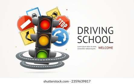 Realistic Detailed 3d Driving School Ads Banner Concept Poster Card with Traffic Light Illuminated and Road Signs Around. Vector illustration