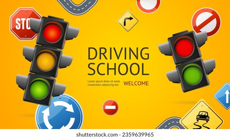 Realistische detaillierte 3d Driving School Ads Banner Konzept Poster Card. Vektorgrafik der Regeln für die allgemeine und berufliche Bildung und Prüfung auf der Straße