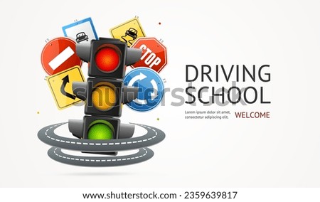 Realistic Detailed 3d Driving School Ads Banner Concept Poster Card with Traffic Light Illuminated and Road Signs Around. Vector illustration