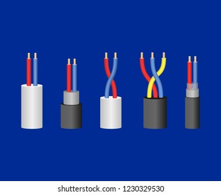 Realistic Detailed 3d Electrical Cable Wire Set Different Types Equipment on a Blue Background. Vector illustration of Cables