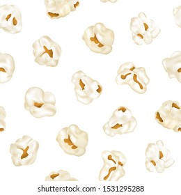 Realistic Detailed 3d Element Popcorn Seamless Pattern Background On A White Kernel Of Corn. Vector Illustration Of Snack Food For Cinema Movie