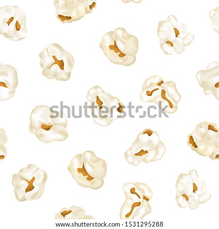 Realistic Detailed 3d Element Popcorn Seamless Pattern Background on a White Kernel of Corn. Vector illustration of Snack Food for Cinema Movie