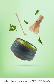 Realistic Detailed 3d Elements Japanese Matcha Tea Ceremony Concept on a Green for Tea House and Tea Shop. Vector illustration