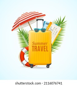 Realistic Detailed 3d Elements Summer Travel Concept Include of Suitcase, Umbrella, Ticket and Red Life Buoy. Vector illustration