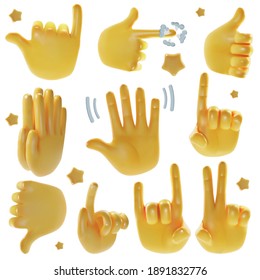 Realistic Detailed 3d Emoji Hands Set Include Of Victory, Direction, Pray, Support And Hello Signs. Vector Illustration