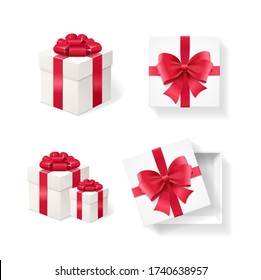 Realistic Detailed 3d Empty Boxes with Red Ribbon and Bow Set Surprise Concept. Vector illustration of Box