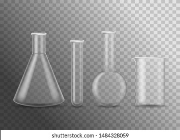 Realistic Detailed 3d Empty Chemical Glass Flasks Set Tube and Beaker for Research, Experiment. Vector illustration of Equipment Chemistry Science